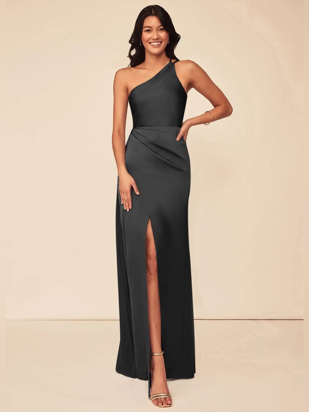 Azazie Maron Black A-Line One Shoulder Stretch Satin Dress, Size 0
